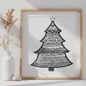 A stylized illustration of a tall Christmas tree decorated with ornaments and lights.