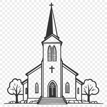A simple illustration of a church building with a steepled roof.