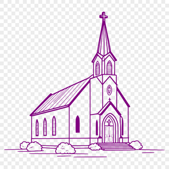 A simple architectural design of a traditional church building with a steeple and stained glass windows.