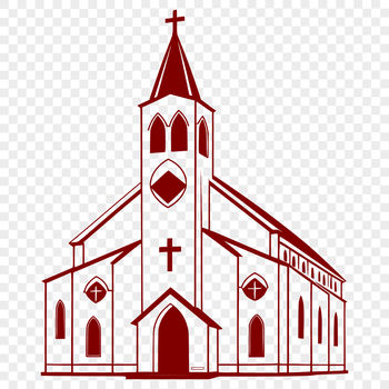 A simple illustration of a church building with architectural details.