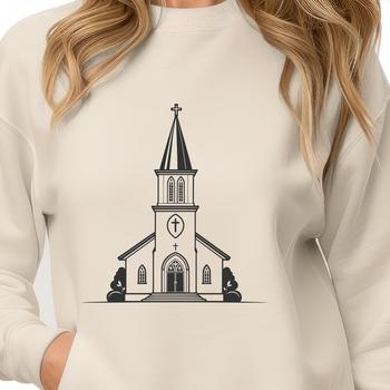 A simple illustration of a traditional Protestant church building with a steeple.
