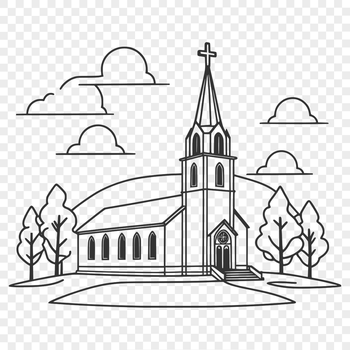 A detailed illustration of a church building in various styles.