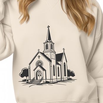 A 2D vector illustration of a traditional Baptist church building with a steeple and cross.