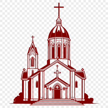 A detailed illustration of a traditional Catholic church facade with ornate architecture.