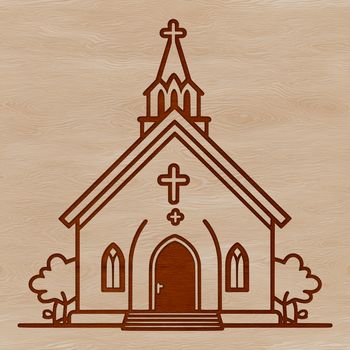 A simple illustration of a traditional church building with a steeply pitched roof and stained glass windows.