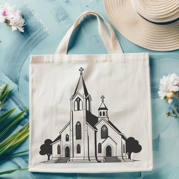 A simple outline illustration of a church building with a prominent steeple and entrance.