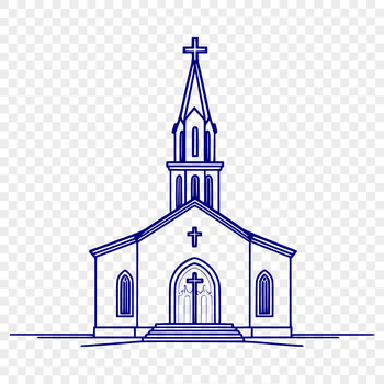A detailed illustration of a church with a symmetrical façade, featuring architectural elements.