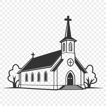 A stylized illustration of a church building with a distinctive architectural design.