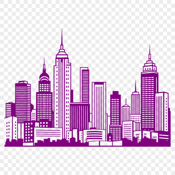 A digital illustration of a city skyline at sunset, featuring modern skyscrapers and bustling streets.