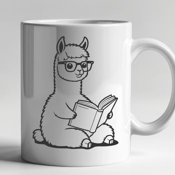 A cartoon illustration of a happy alpaca holding a book and sitting on a grassy hill.