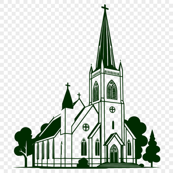A detailed illustration of a traditional Baptist church exterior with Gothic architecture style.