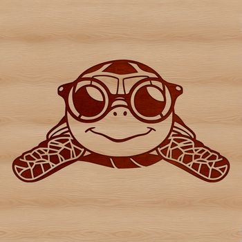 An illustration of a sea turtle wearing glasses in a seaside setting.