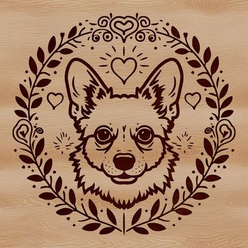 A Welsh Corgi's head with ornate illustrations featuring love hearts.