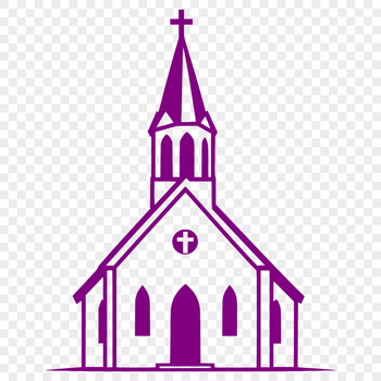 A simple, illustrated design of a church building with a steeple and a cross.