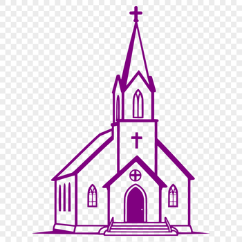 An illustration of a traditional church building with a steeple and stained glass windows.