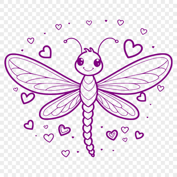 A colorful dragonfly with love hearts in its wings and body, designed as vector art.