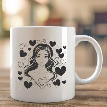 A simple illustration of a woman with love hearts surrounding her.