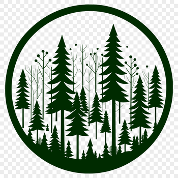 Illustrated forest scene with detailed trees and foliage in vector format.