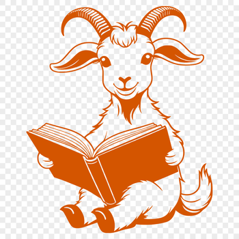 A goat reading a book in a farm setting.
