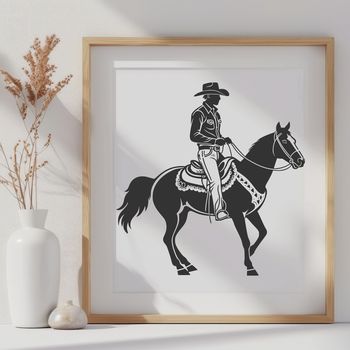 A cowboy riding a horse in the wild west, depicted as a vector graphic illustration.
