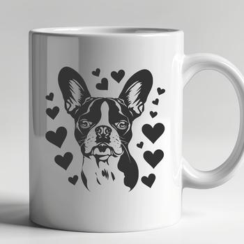A cute Boston Terrier breed dog with love hearts on its head, suitable for pet owners.