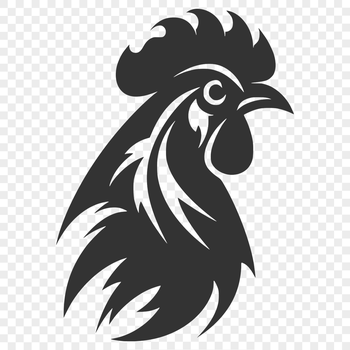 A detailed illustration of a farm animal's head, specifically a rooster with prominent feathers.
