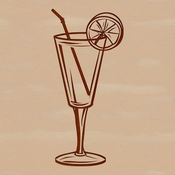 A transparent glass containing a colorful cocktail with ice and garnish.
