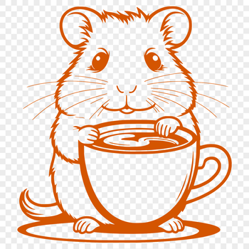 A cute, furry hamster sitting on a table next to a coffee cup.