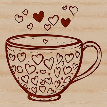 A ceramic-style coffee cup designed with a stylized pattern of love hearts.