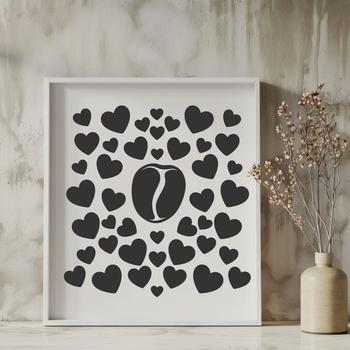 A stylized illustration of a single coffee bean with love hearts integrated into its design.