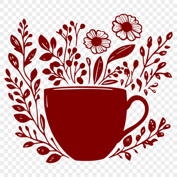A simple design illustration of a ceramic coffee cup with floral patterns.