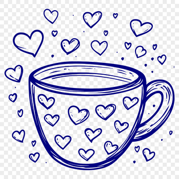 A simple, illustrated cup with decorative love hearts surrounding the rim.