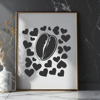 A single coffee bean with heart symbols surrounding it, designed as a vector graphic.