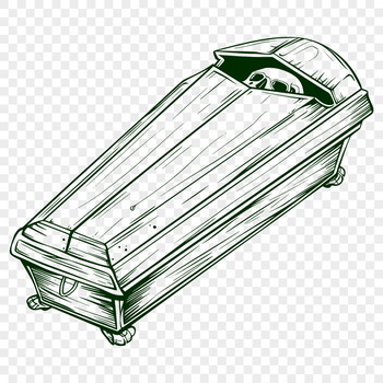 A witch standing in front of a decorated coffin, surrounded by spooky elements.