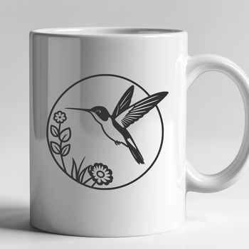 A detailed illustration of a hummingbird perched on a floral branch.