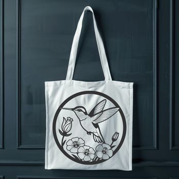 A detailed vector graphic design featuring a hummingbird surrounded by foliage.
