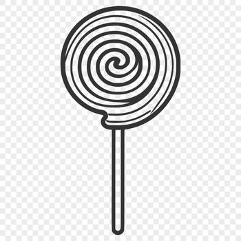 A colorful illustration of a lollipop, featuring a swirly patterned candy on a stick.
