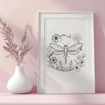 A colorful illustration of a dragonfly perched on a blooming flower.