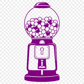 A 2D illustration of a classic gumball machine with rotating drum and colorful balls.