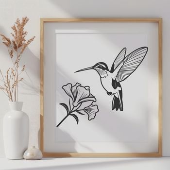 A colorful illustration of a hummingbird in flight near a floral arrangement.