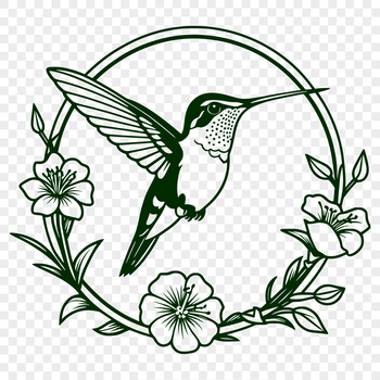 Illustration of a hummingbird surrounded by flowers, designed as a reusable clip art image.