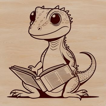 A cartoon lizard character reading a book with a curious expression on its face, suitable for vector design.