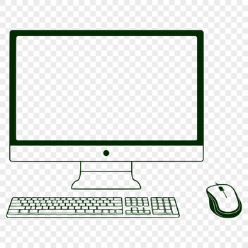 A detailed illustration of a computer setup featuring a desktop PC with a keyboard and other peripherals.