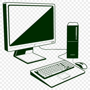 A digital illustration of a desktop computer with its components displayed in a simplified style.