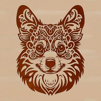 A stylized illustration of a corgi's head with ornate details.