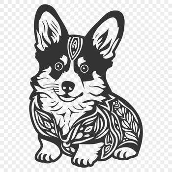 An ornate vector graphic design featuring a Corgi in a sitting position from head to paw.