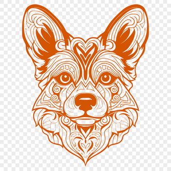 A close-up illustration of a corgi's head, featuring the breed's distinctive features and markings.