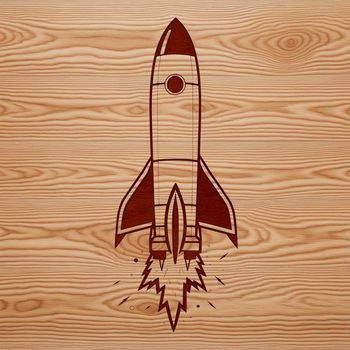 A futuristic rocket ship blasting off into outer space, designed as a vector graphic.