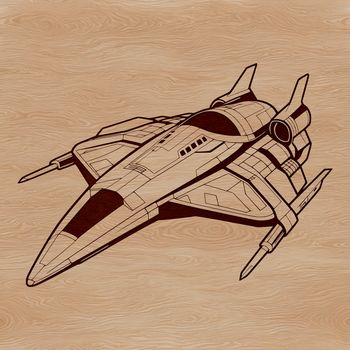 A stylized vector illustration of a spaceship soaring through outer space.