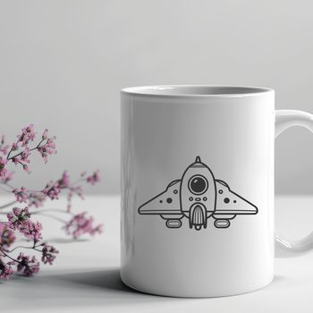 Vector graphic illustration of a spaceship in outer space, suitable for use with cutting machines like Cricut.